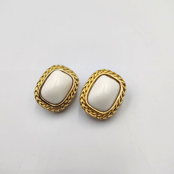 Vintage Givenchy Gold Tone White Lucite Cabochon Rectangular Clip On Earrings - Picture 2 of 16